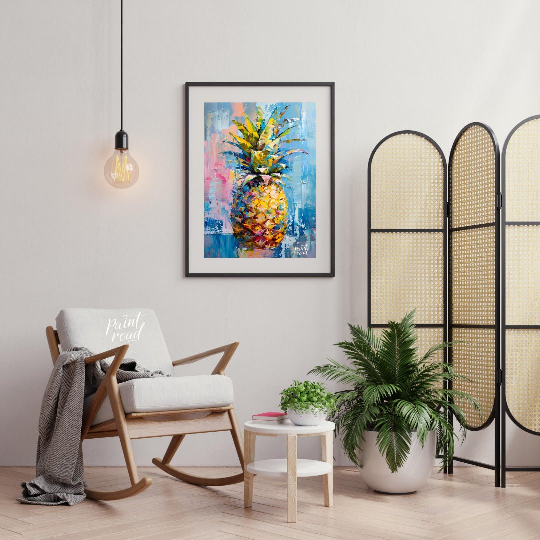 This vibrant painting presents a stylized pineapple with a burst of abstract energy. The artist emp… for living room