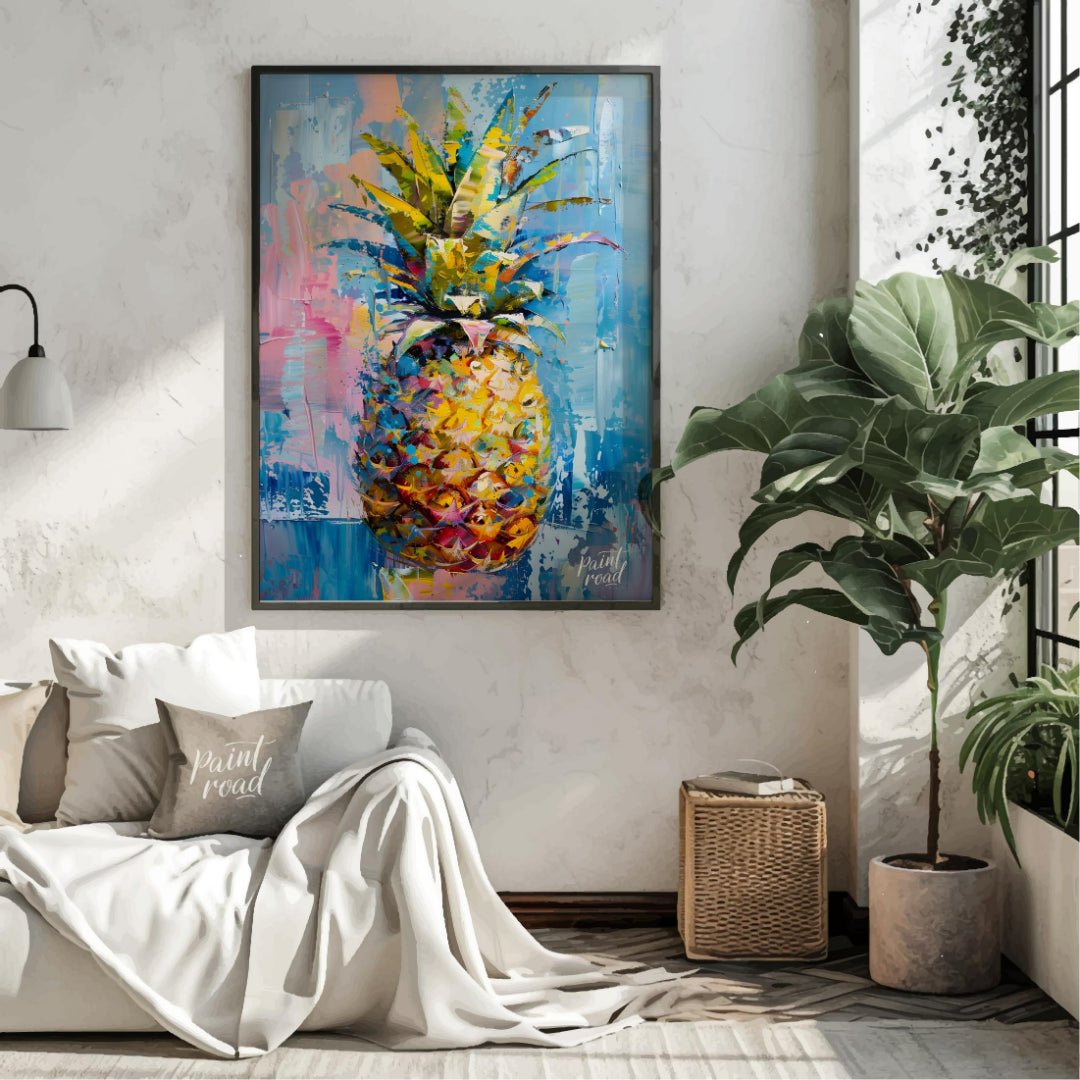 This vibrant painting presents a stylized pineapple with a burst of abstract energy. The artist emp… for living room