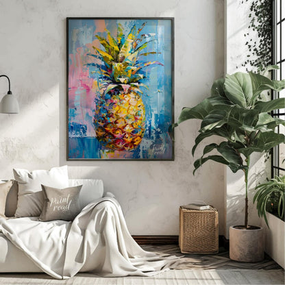 This vibrant painting presents a stylized pineapple with a burst of abstract energy. The artist emp… for living room