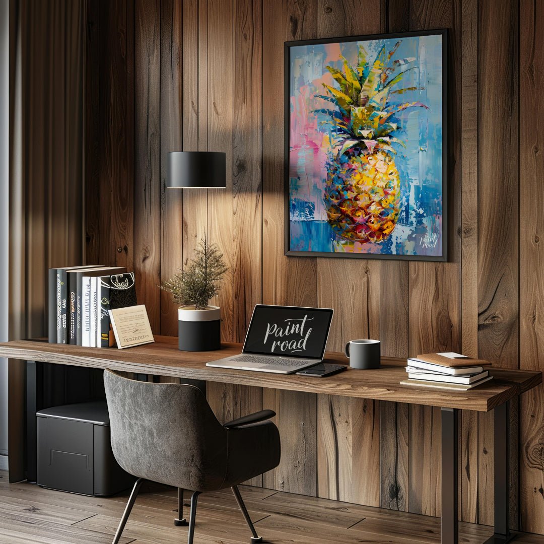 This vibrant painting presents a stylized pineapple with a burst of abstract energy. The artist emp… for office