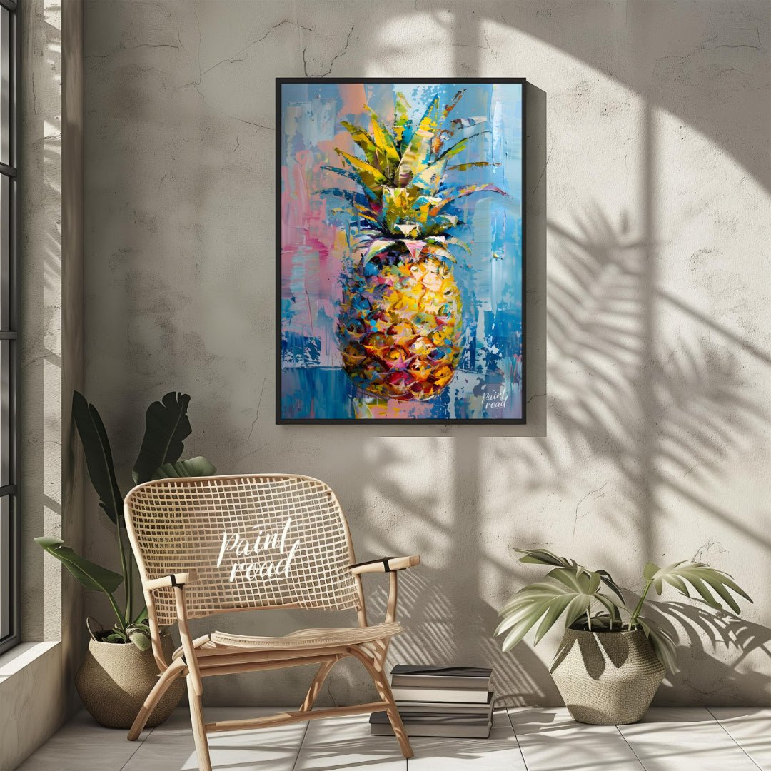 This vibrant painting presents a stylized pineapple with a burst of abstract energy. The artist emp… for other