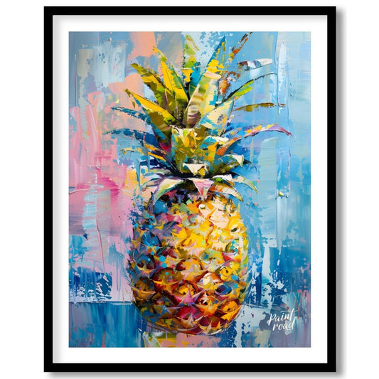 This vibrant painting presents a stylized pineapple with a burst of abstract energy. The artist emp… for room