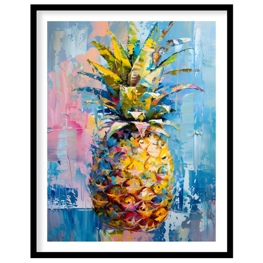 This vibrant painting presents a stylized pineapple with a burst of abstract energy. The artist emp… for room