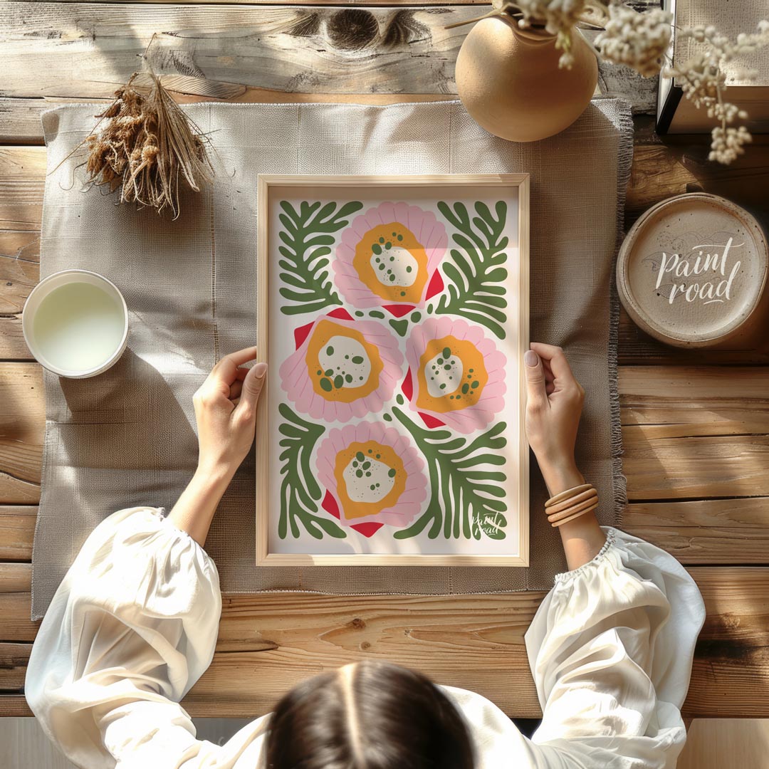 This vibrant and abstract illustration showcases four stylized floral forms in shades of pink, oran… for dining room