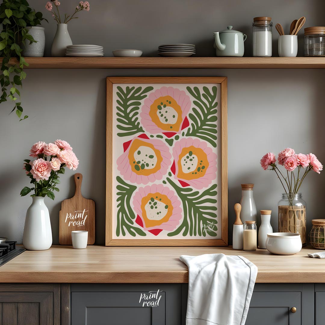 This vibrant and abstract illustration showcases four stylized floral forms in shades of pink, oran… for kitchen