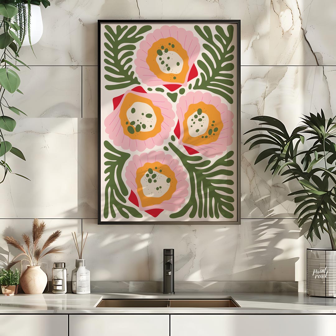 This vibrant and abstract illustration showcases four stylized floral forms in shades of pink, oran… for kitchen