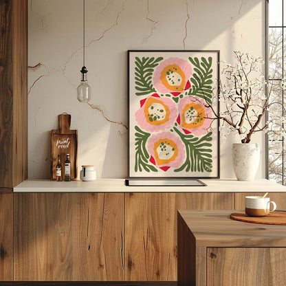 This vibrant and abstract illustration showcases four stylized floral forms in shades of pink, oran… for kitchen