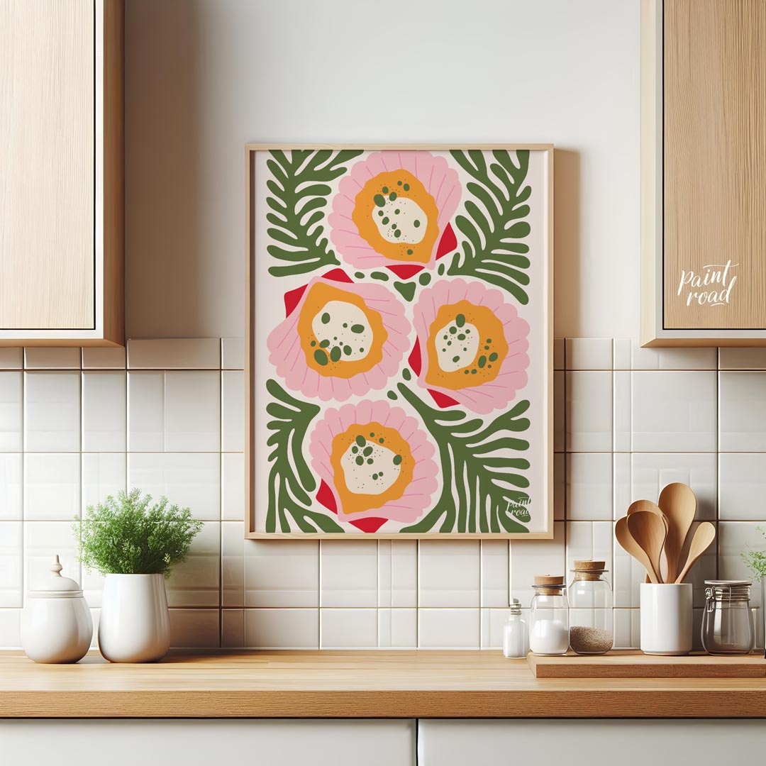 This vibrant and abstract illustration showcases four stylized floral forms in shades of pink, oran… for kitchen