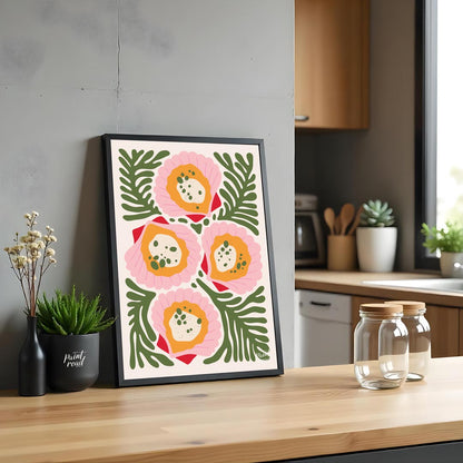 This vibrant and abstract illustration showcases four stylized floral forms in shades of pink, oran… for kitchen