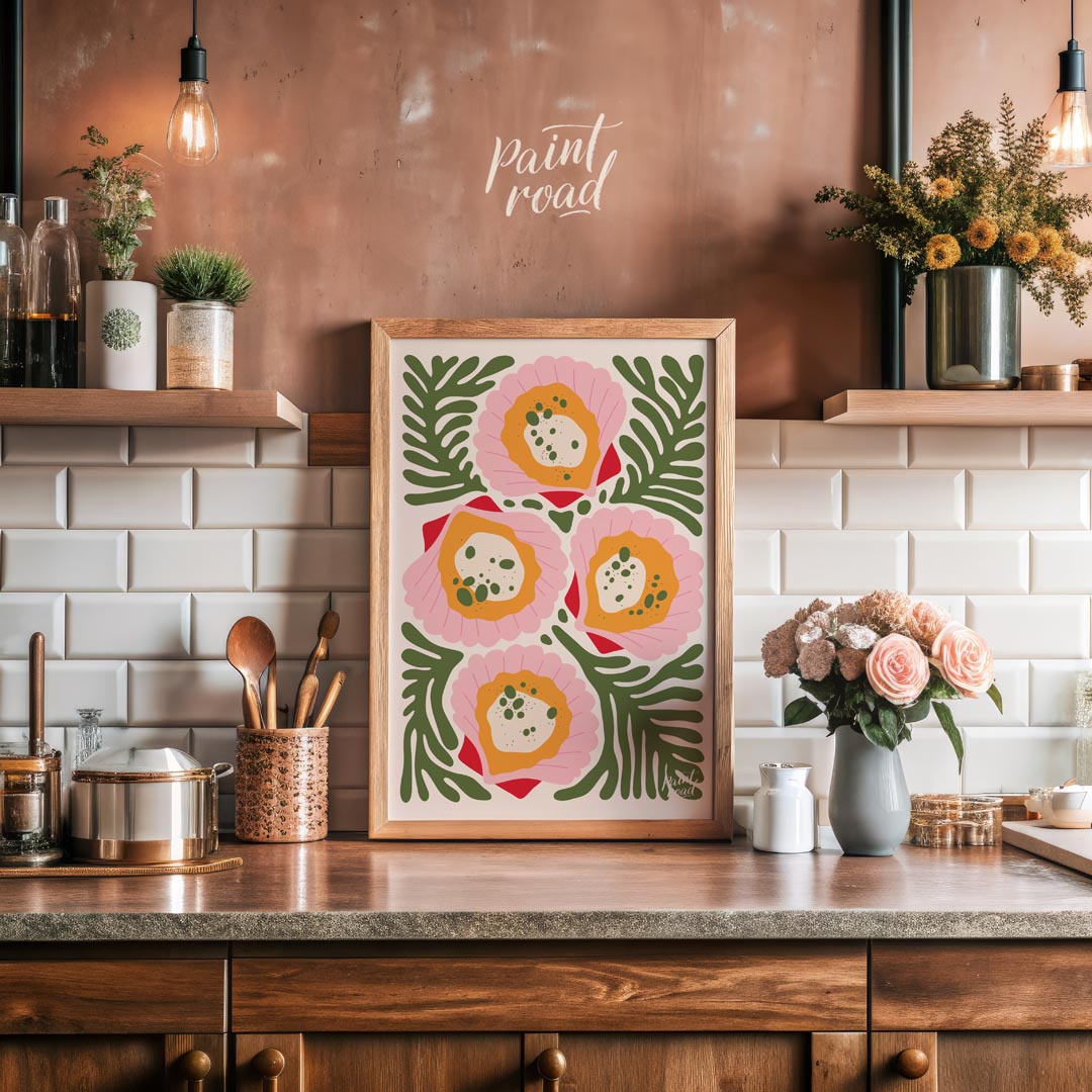 This vibrant and abstract illustration showcases four stylized floral forms in shades of pink, oran… for kitchen