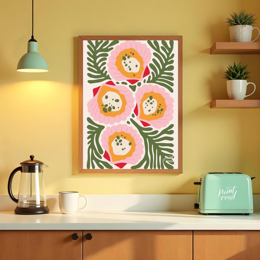 This vibrant and abstract illustration showcases four stylized floral forms in shades of pink, oran… for kitchen
