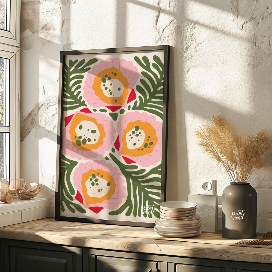 This vibrant and abstract illustration showcases four stylized floral forms in shades of pink, oran… for kitchen