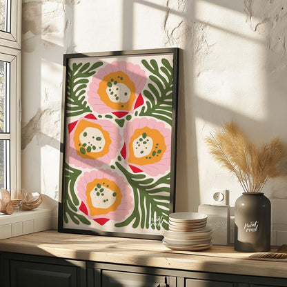 This vibrant and abstract illustration showcases four stylized floral forms in shades of pink, oran… for kitchen