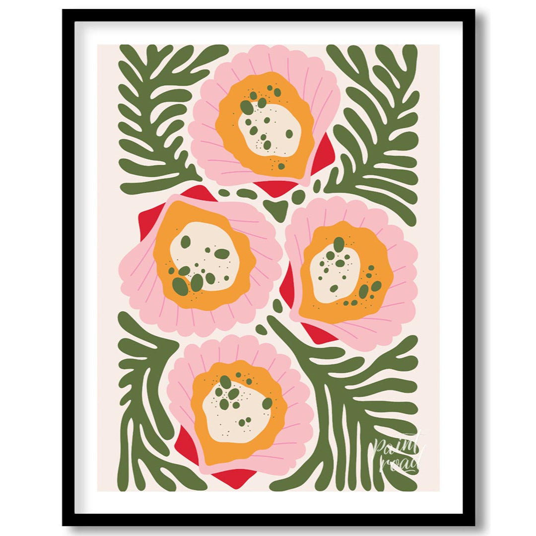 This vibrant and abstract illustration showcases four stylized floral forms in shades of pink, oran… for lovely house