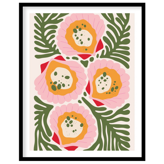 This vibrant and abstract illustration showcases four stylized floral forms in shades of pink, oran… for lovely house