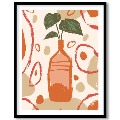 This artistic poster features a stylized plant with deep green leaves emerging from a tall, slender… for home