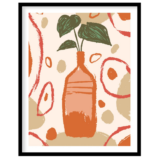 This artistic poster features a stylized plant with deep green leaves emerging from a tall, slender… for home