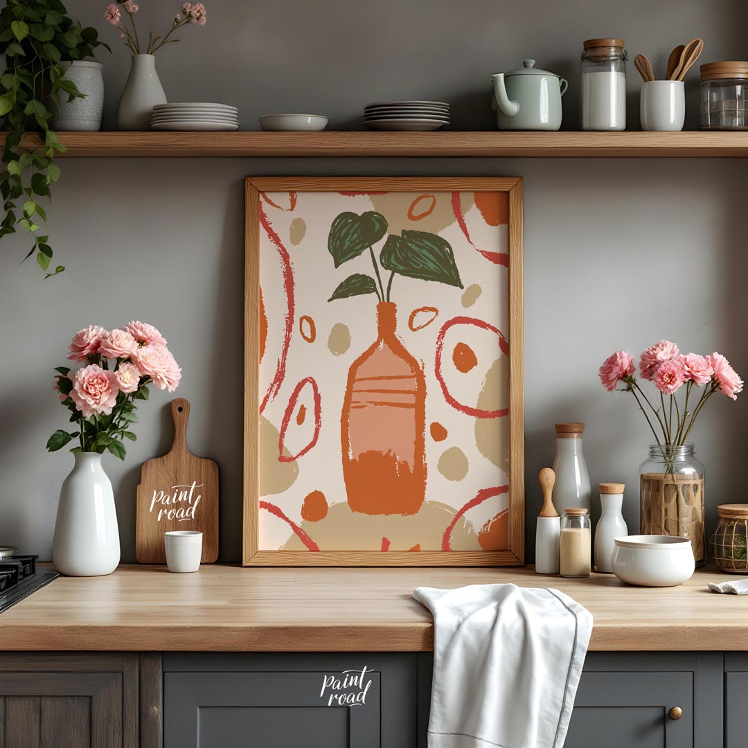 This artistic poster features a stylized plant with deep green leaves emerging from a tall, slender… for kitchen