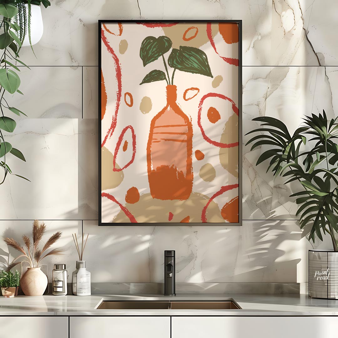 This artistic poster features a stylized plant with deep green leaves emerging from a tall, slender… for kitchen