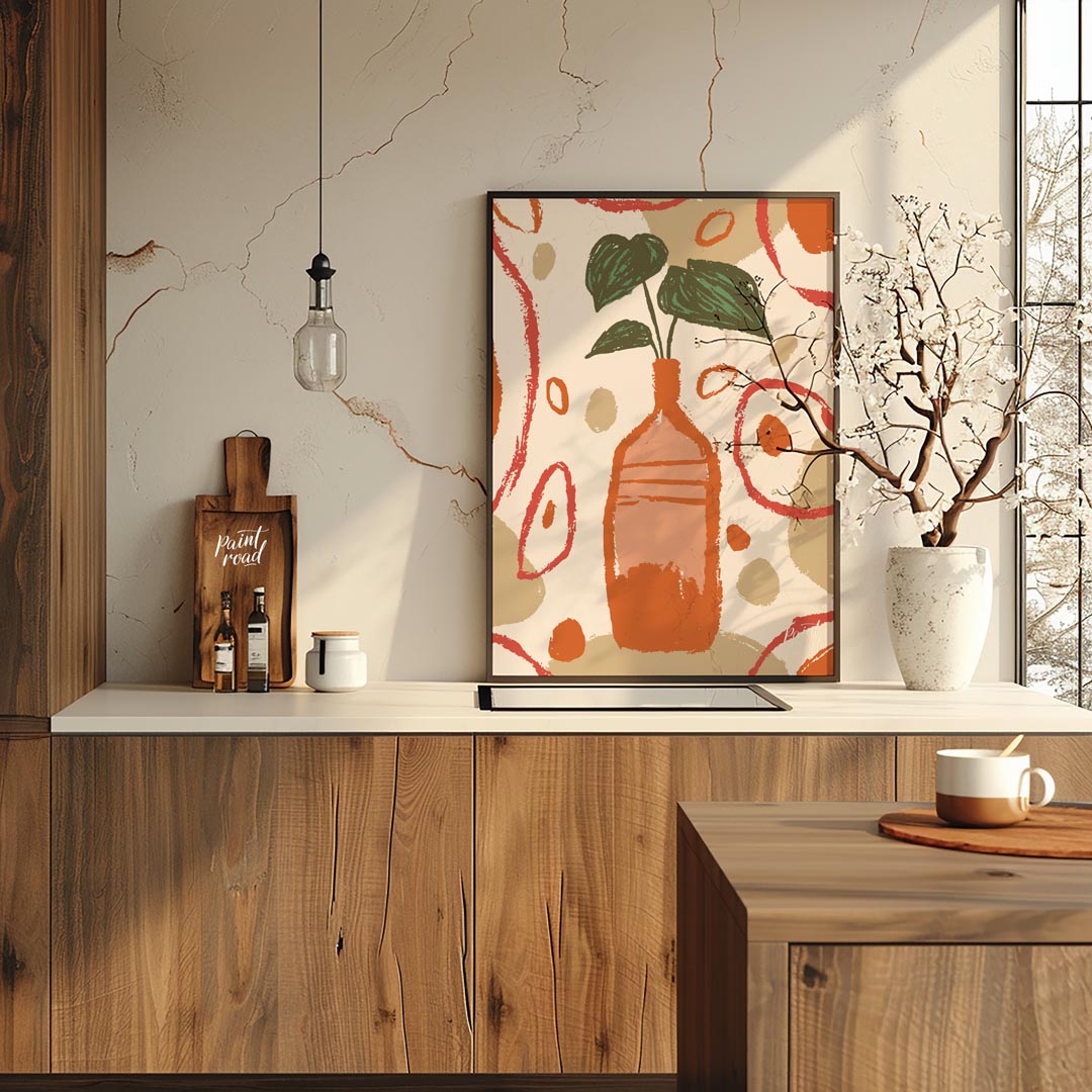 This artistic poster features a stylized plant with deep green leaves emerging from a tall, slender… for kitchen