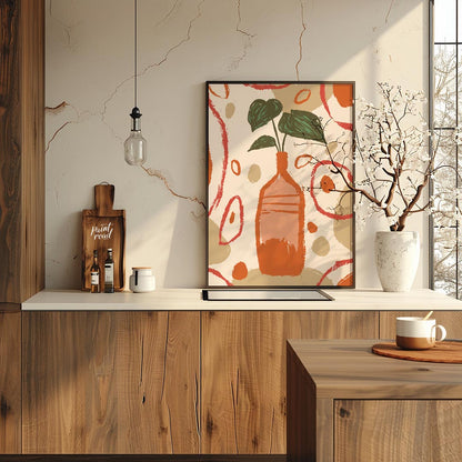 This artistic poster features a stylized plant with deep green leaves emerging from a tall, slender… for kitchen