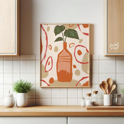 This artistic poster features a stylized plant with deep green leaves emerging from a tall, slender… for kitchen