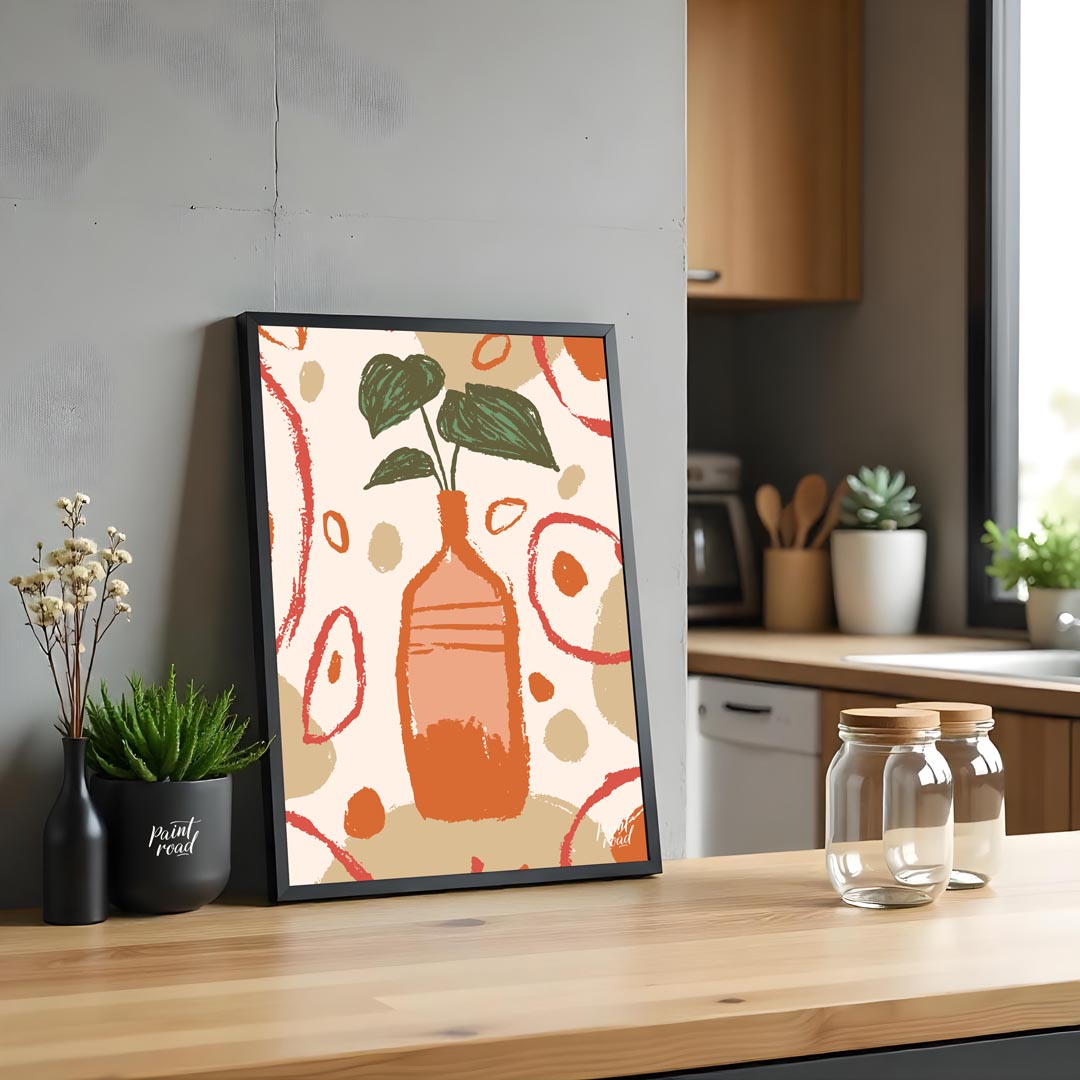 This artistic poster features a stylized plant with deep green leaves emerging from a tall, slender… for kitchen