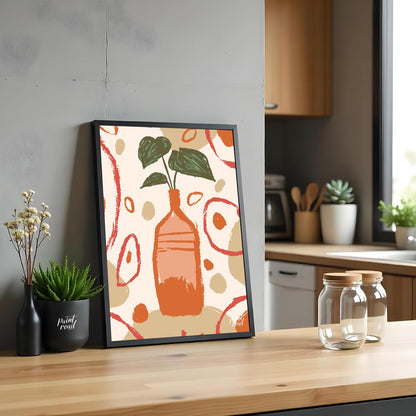 This artistic poster features a stylized plant with deep green leaves emerging from a tall, slender… for kitchen