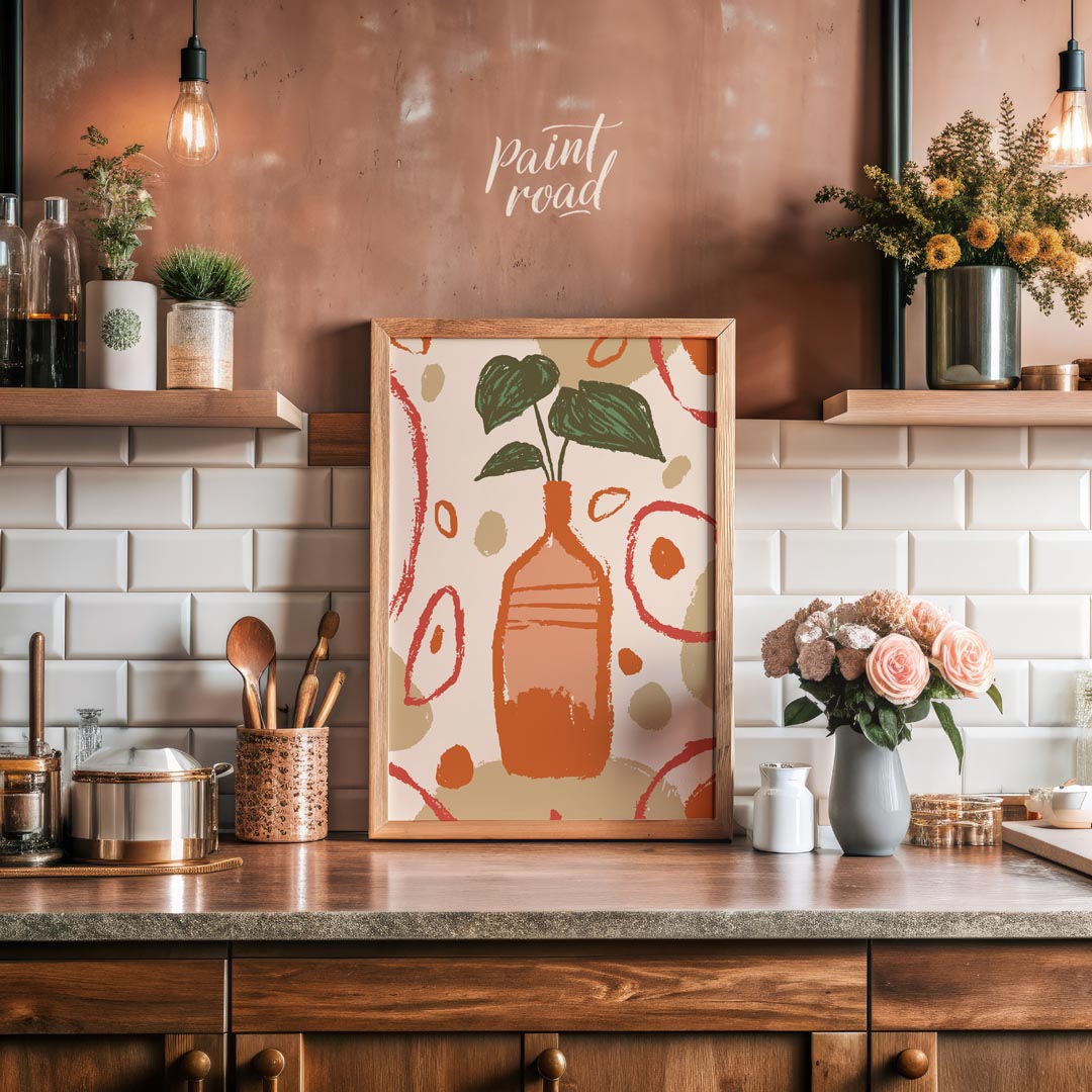 This artistic poster features a stylized plant with deep green leaves emerging from a tall, slender… for kitchen