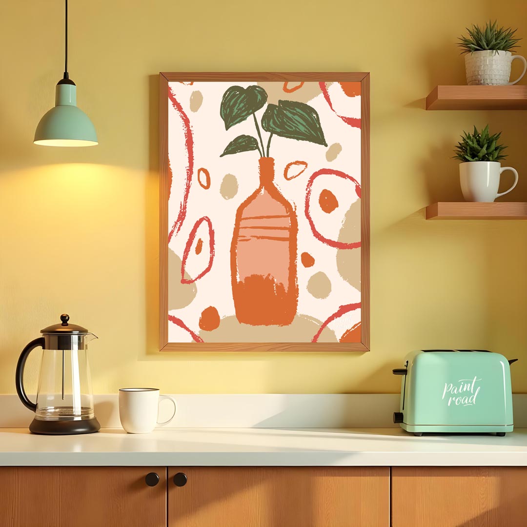 This artistic poster features a stylized plant with deep green leaves emerging from a tall, slender… for kitchen