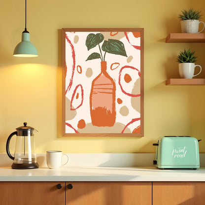 This artistic poster features a stylized plant with deep green leaves emerging from a tall, slender… for kitchen