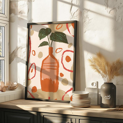 This artistic poster features a stylized plant with deep green leaves emerging from a tall, slender… for kitchen