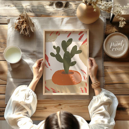 This minimalist and abstract illustration features a stylized dark green cactus plant nestled in a … for dining room
