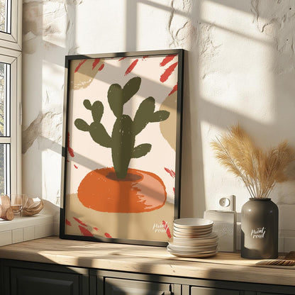 This minimalist and abstract illustration features a stylized dark green cactus plant nestled in a … for kitchen