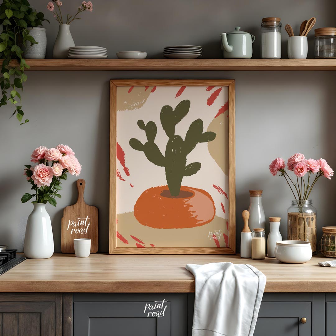 This minimalist and abstract illustration features a stylized dark green cactus plant nestled in a … for kitchen