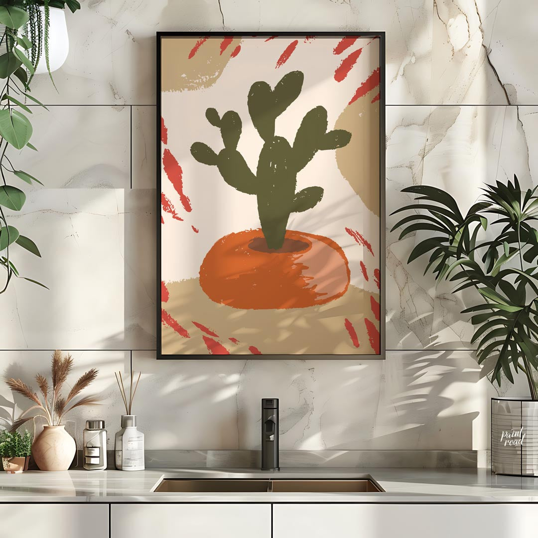This minimalist and abstract illustration features a stylized dark green cactus plant nestled in a … for kitchen