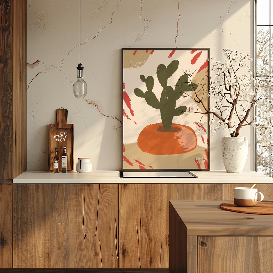 This minimalist and abstract illustration features a stylized dark green cactus plant nestled in a … for kitchen