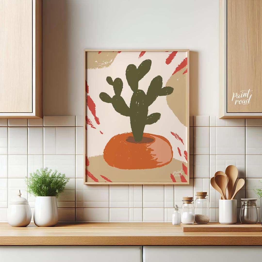 This minimalist and abstract illustration features a stylized dark green cactus plant nestled in a … for kitchen