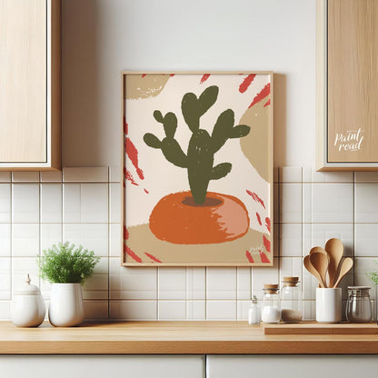 This minimalist and abstract illustration features a stylized dark green cactus plant nestled in a … for kitchen