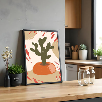This minimalist and abstract illustration features a stylized dark green cactus plant nestled in a … for kitchen