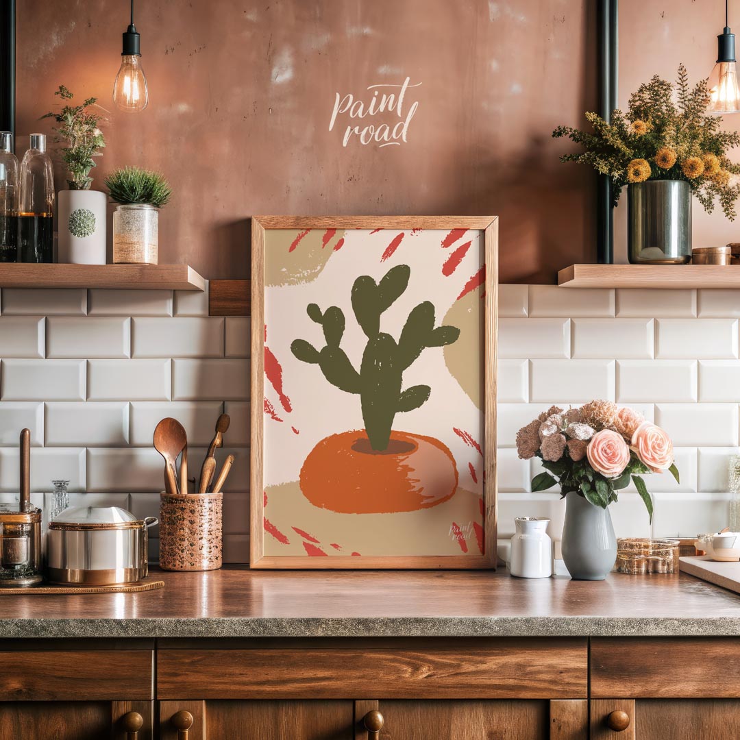 This minimalist and abstract illustration features a stylized dark green cactus plant nestled in a … for kitchen