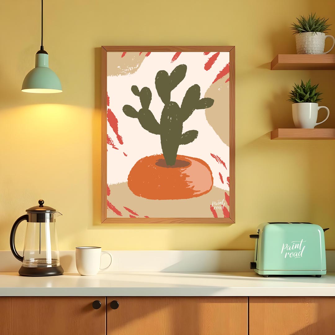 This minimalist and abstract illustration features a stylized dark green cactus plant nestled in a … for kitchen