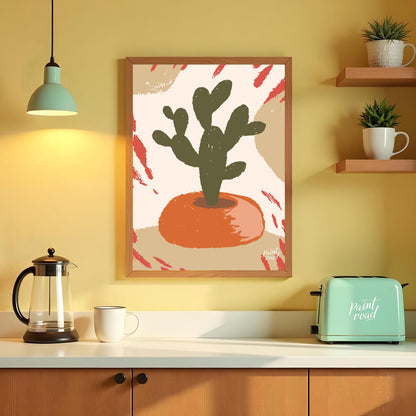This minimalist and abstract illustration features a stylized dark green cactus plant nestled in a … for kitchen