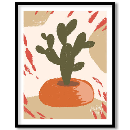 This minimalist and abstract illustration features a stylized dark green cactus plant nestled in a … for place