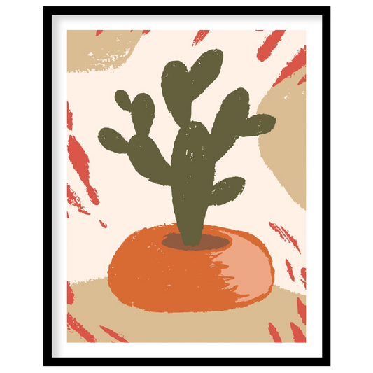 This minimalist and abstract illustration features a stylized dark green cactus plant nestled in a … for place