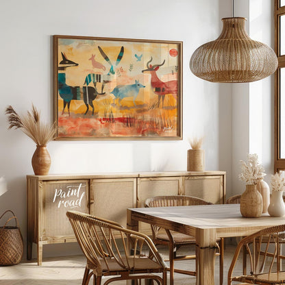 This vibrant and stylized artwork presents a whimsical interpretation of a savannah scene, populate… for dining room