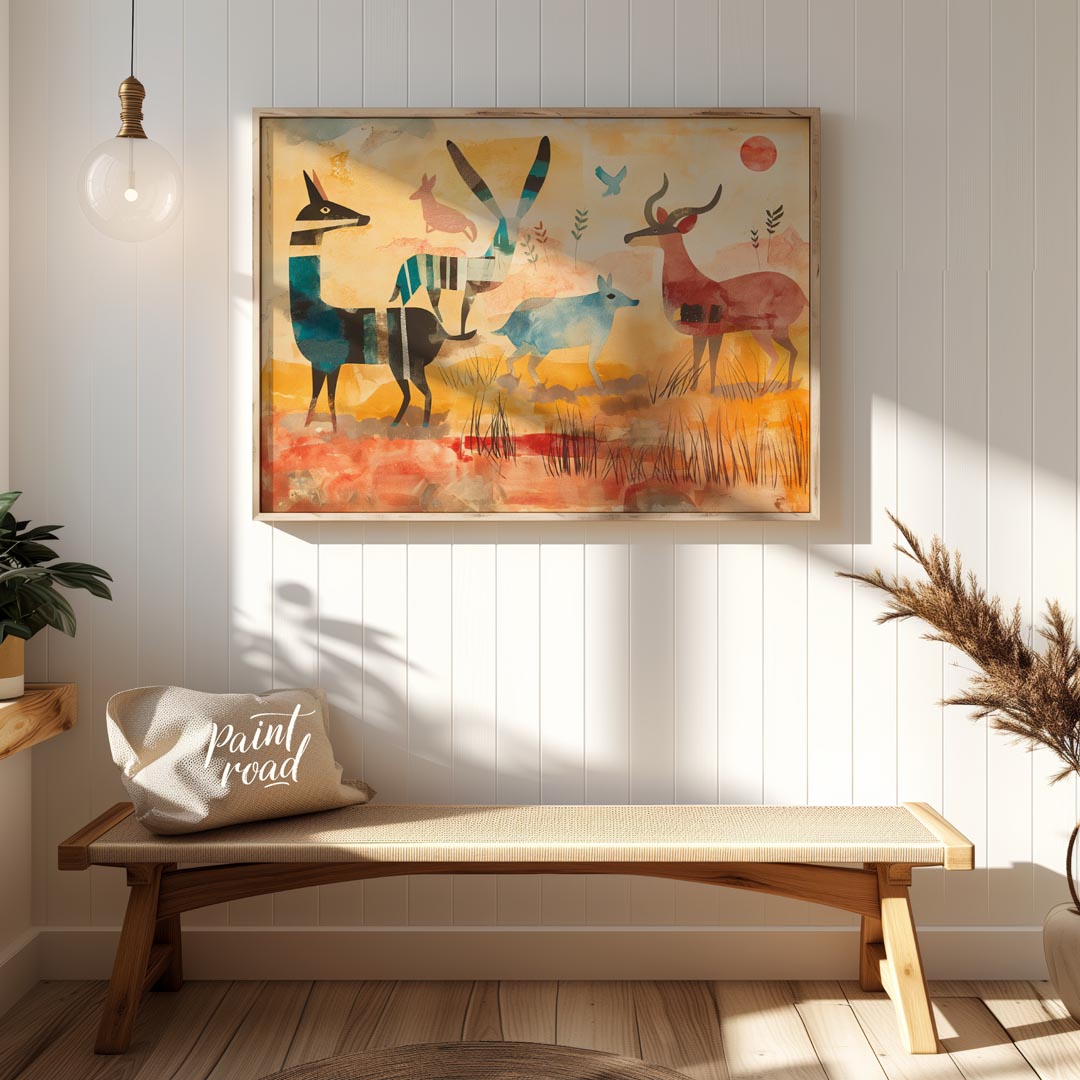 This vibrant and stylized artwork presents a whimsical interpretation of a savannah scene, populate… for entryway