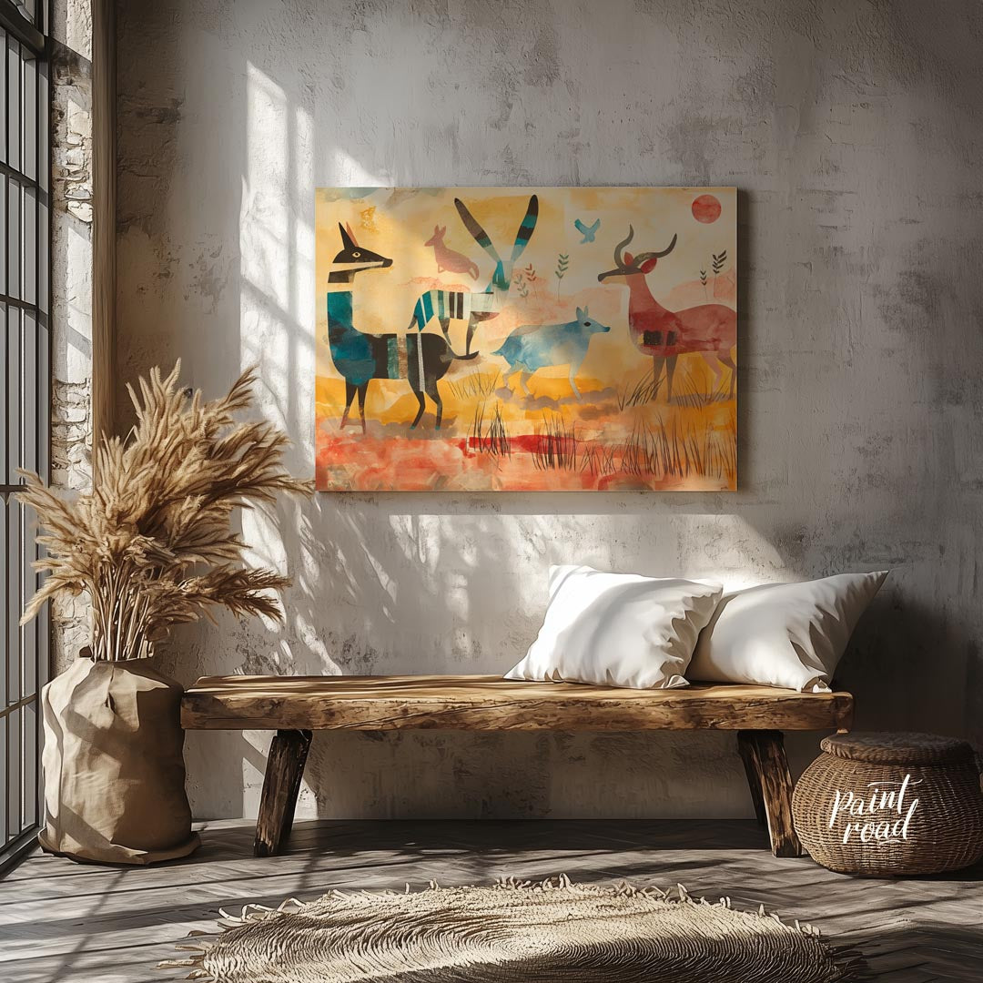 This vibrant and stylized artwork presents a whimsical interpretation of a savannah scene, populate… for entryway