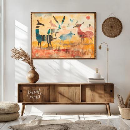 This vibrant and stylized artwork presents a whimsical interpretation of a savannah scene, populate… for living room