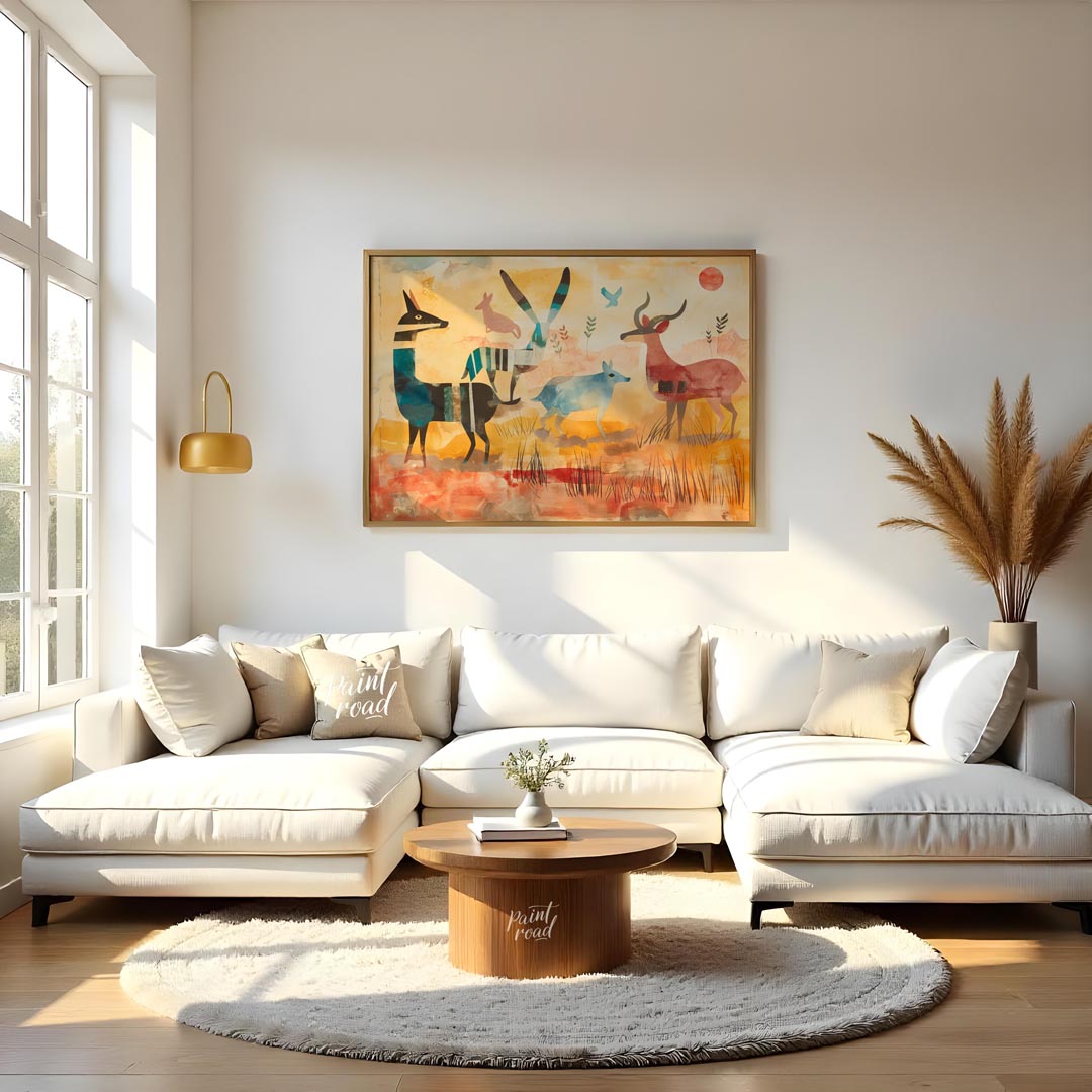 This vibrant and stylized artwork presents a whimsical interpretation of a savannah scene, populate… for living room